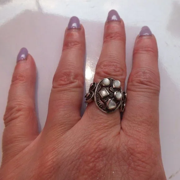 Sterling Silver Moonstone Cluster Statement Ring, Size 7, Unique Split Band - Picture 3 of 9